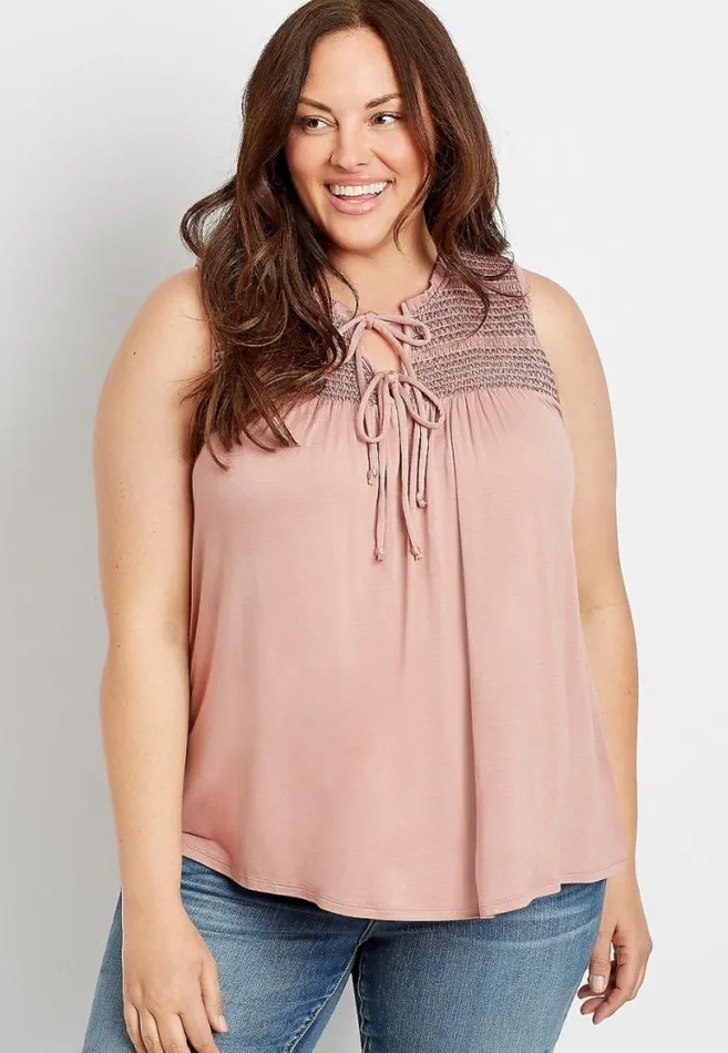 Women Plus Size Pink Smocked Tie Tank Top Maurices Plus Tops