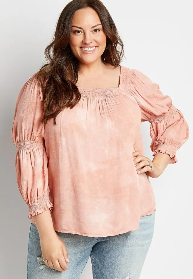 Women Plus Size Pink Tie Dye Smocked Blouse Maurices Plus Tops