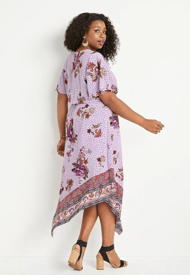 Women Plus Size Purple Floral Flutter Sleeve Midi Dress Maurices Plus Dresses and Jumpsuits