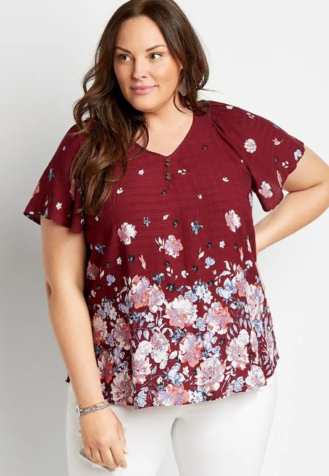 Women Plus Size Red Floral Flutter Sleeve Button Front Top Maurices Plus Tops Women Plus Size Red Floral Flutter Sleeve Button Front Top Maurices Plus Tops