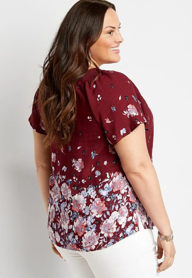 Women Plus Size Red Floral Flutter Sleeve Button Front Top Maurices Plus Tops