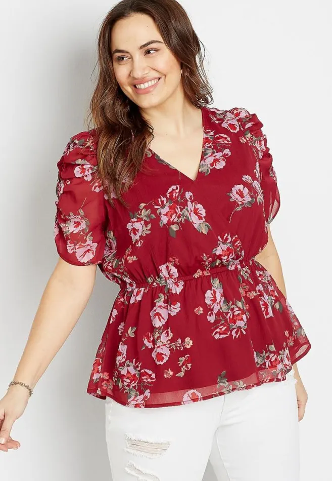 Women Plus Size Red Floral Mesh Ruched Sleeve Top Maurices Plus Tops