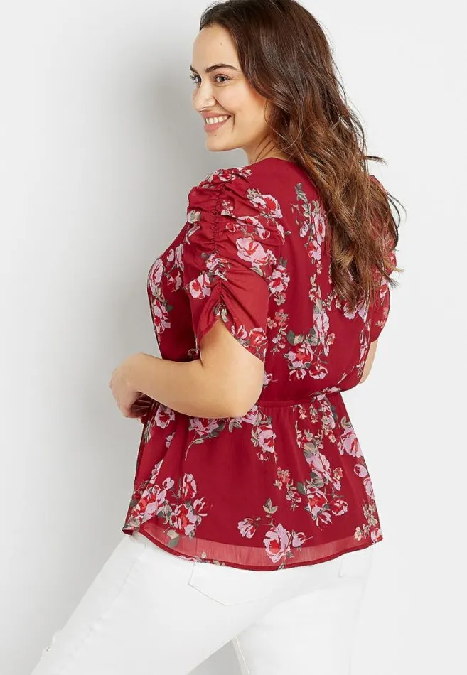 Women Plus Size Red Floral Mesh Ruched Sleeve Top Maurices Plus Tops