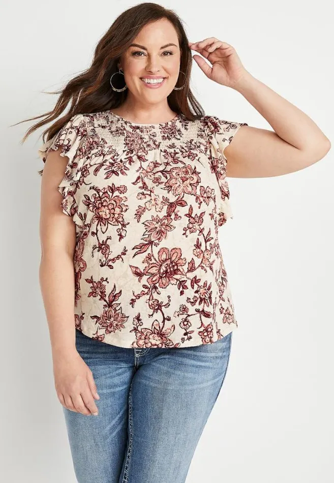 Women Plus Size Soft White Floral Smocked Flutter Sleeve Blouse Maurices Plus Tops Women Plus Size Soft White Floral Smocked Flutter Sleeve Blouse Maurices Plus Tops