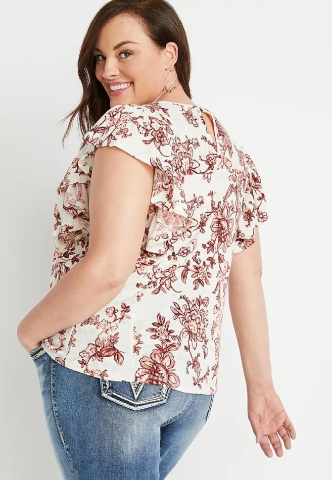Women Plus Size Soft White Floral Smocked Flutter Sleeve Blouse Maurices Plus Tops
