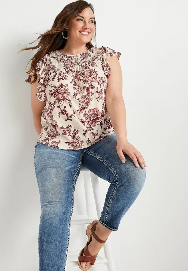 Women Plus Size Soft White Floral Smocked Flutter Sleeve Blouse Maurices Plus Tops