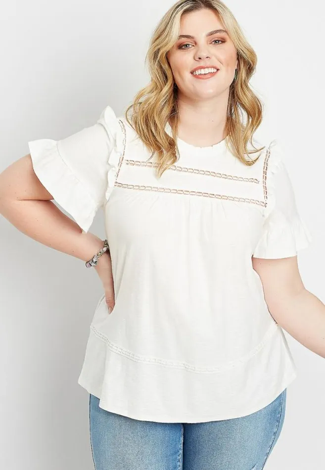 Women Plus Size Solid Crochet Ruffle Sleeve Top Maurices Plus Tops