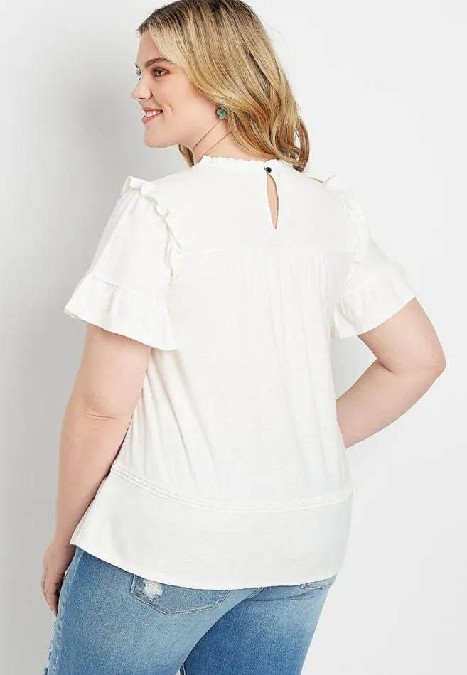 Women Plus Size Solid Crochet Ruffle Sleeve Top Maurices Plus Tops