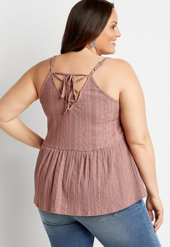 Women Plus Size Solid Embroidered Lace Up Back Tank Top Maurices Plus Tops