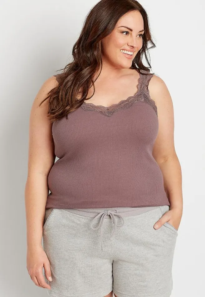 Women Plus Size Solid Lace Trim Ribbed Tank Top Maurices Plus Tops
