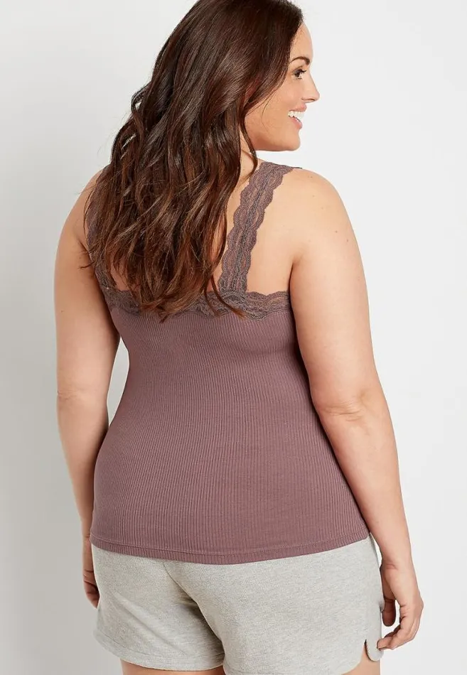 Women Plus Size Solid Lace Trim Ribbed Tank Top Maurices Plus Tops