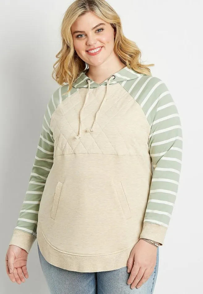 Women Plus Size Stripe Sleeve Quilted Front Pullover Hoodie Maurices Plus Tops Women Plus Size Stripe Sleeve Quilted Front Pullover Hoodie Maurices Plus Tops