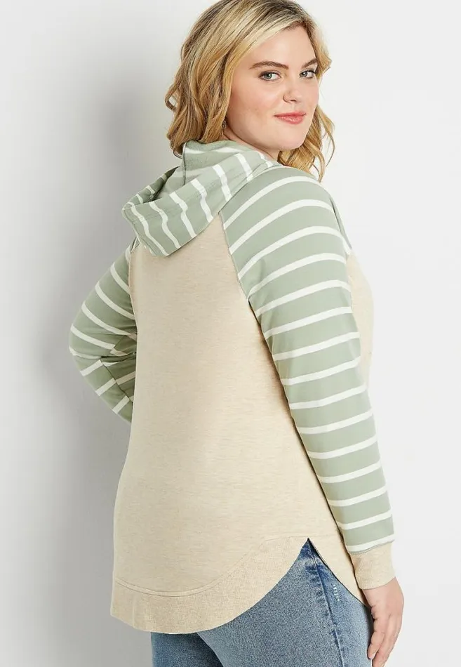 Women Plus Size Stripe Sleeve Quilted Front Pullover Hoodie Maurices Plus Tops