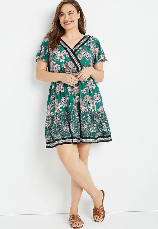 Women Plus Size Teal Floral V Neck Mini Dress Maurices Plus Dresses and Jumpsuits