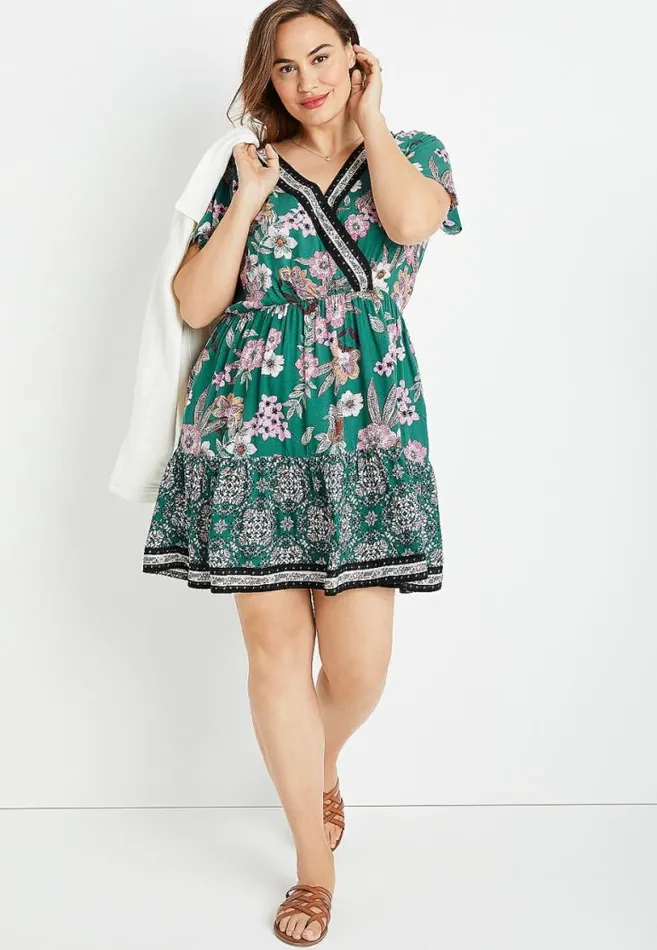 Women Plus Size Teal Floral V Neck Mini Dress Maurices Plus Dresses and Jumpsuits