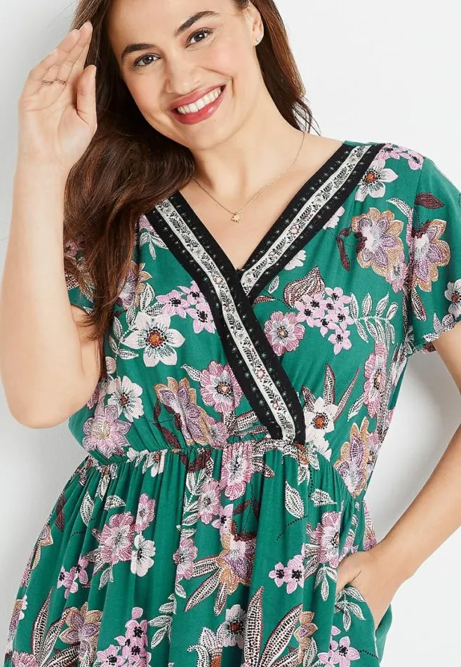 Women Plus Size Teal Floral V Neck Mini Dress Maurices Plus Dresses and Jumpsuits