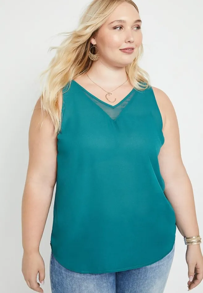 Women Plus Size Teal Sheer Inset V Neck Tank Top Maurices Plus Tops