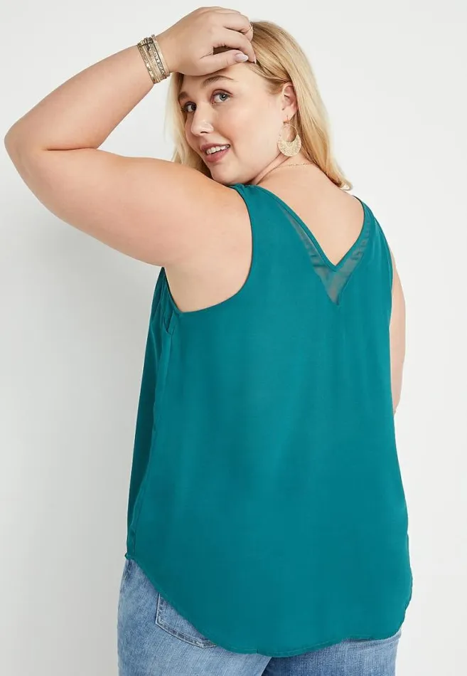 Women Plus Size Teal Sheer Inset V Neck Tank Top Maurices Plus Tops