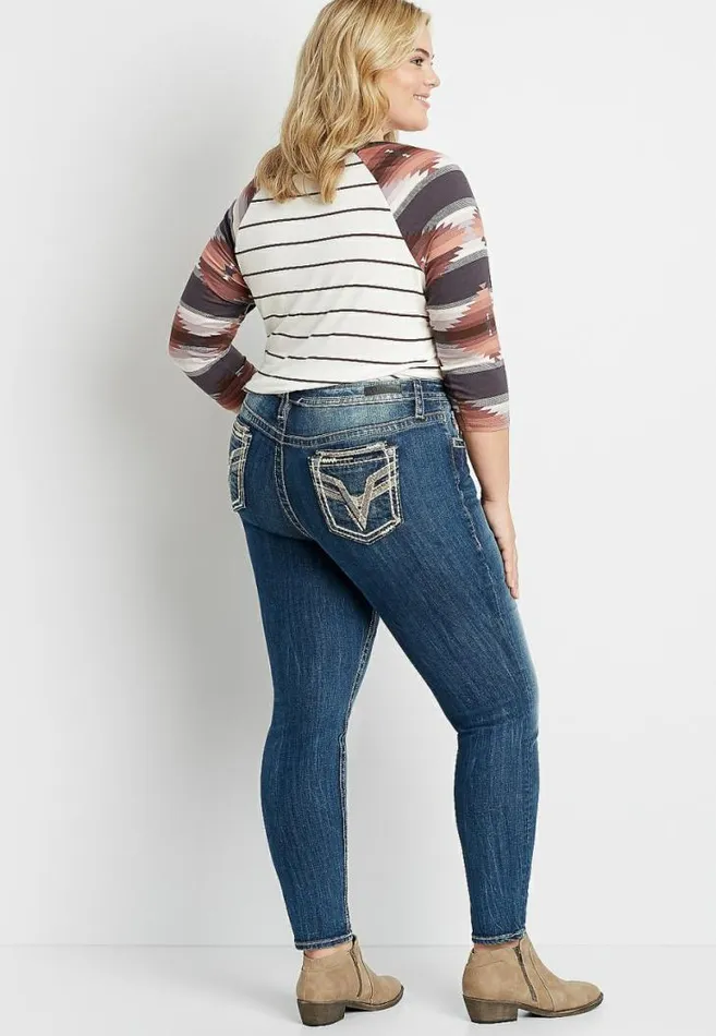Women Plus Size Vigoss High Rise Medium Gold Stitch Skinny Jean Maurices Plus Jeans