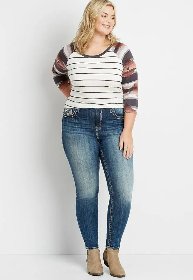Women Plus Size Vigoss High Rise Medium Gold Stitch Skinny Jean Maurices Plus Jeans