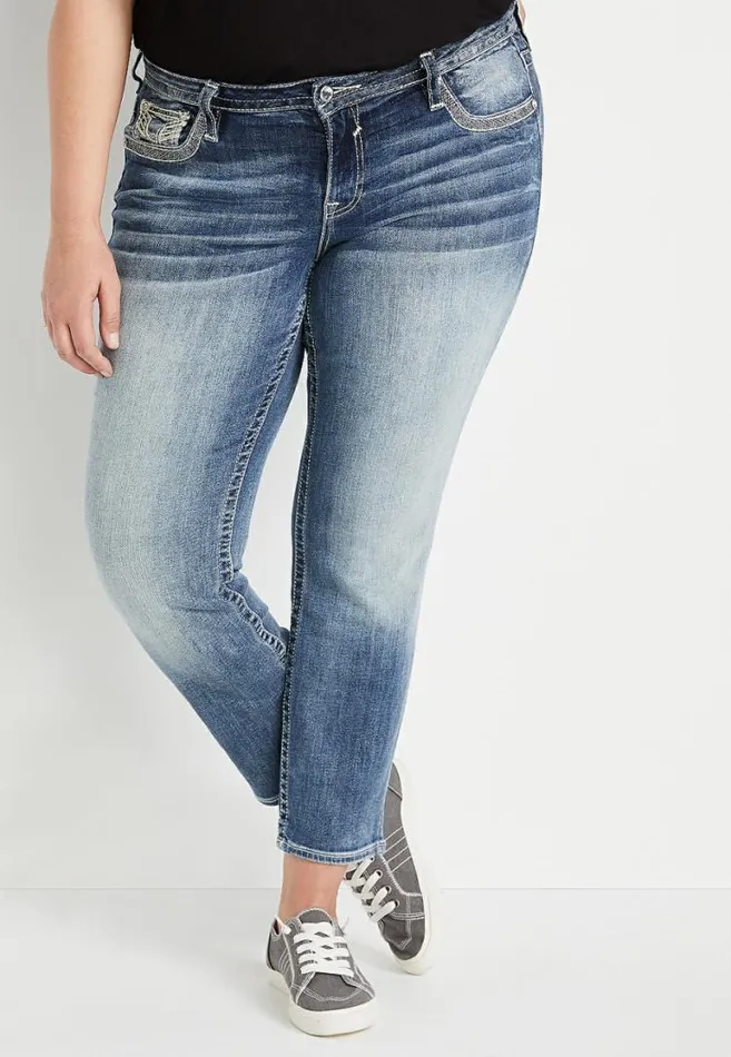 Women Plus Size Vigoss Medium Wash Embellished Flap Pocket Skinny Jean Maurices Plus Jeans
