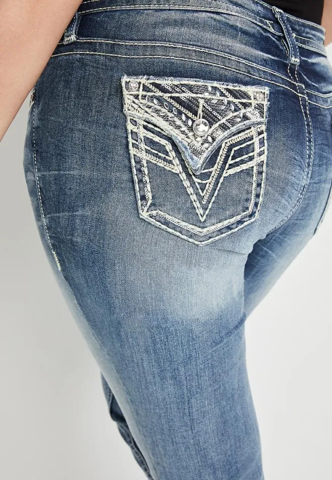 Women Plus Size Vigoss Medium Wash Embellished Flap Pocket Skinny Jean Maurices Plus Jeans