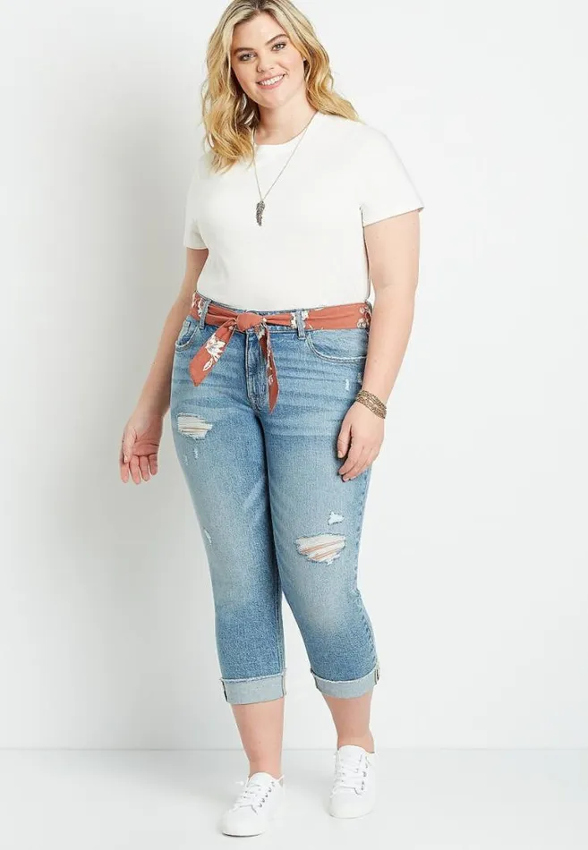 Women Plus Size Vintage Destructed Belted Boyfriend Cropped Jean Maurices Plus Bottoms Women Plus Size Vintage Destructed Belted Boyfriend Cropped Jean Maurices Plus Bottoms