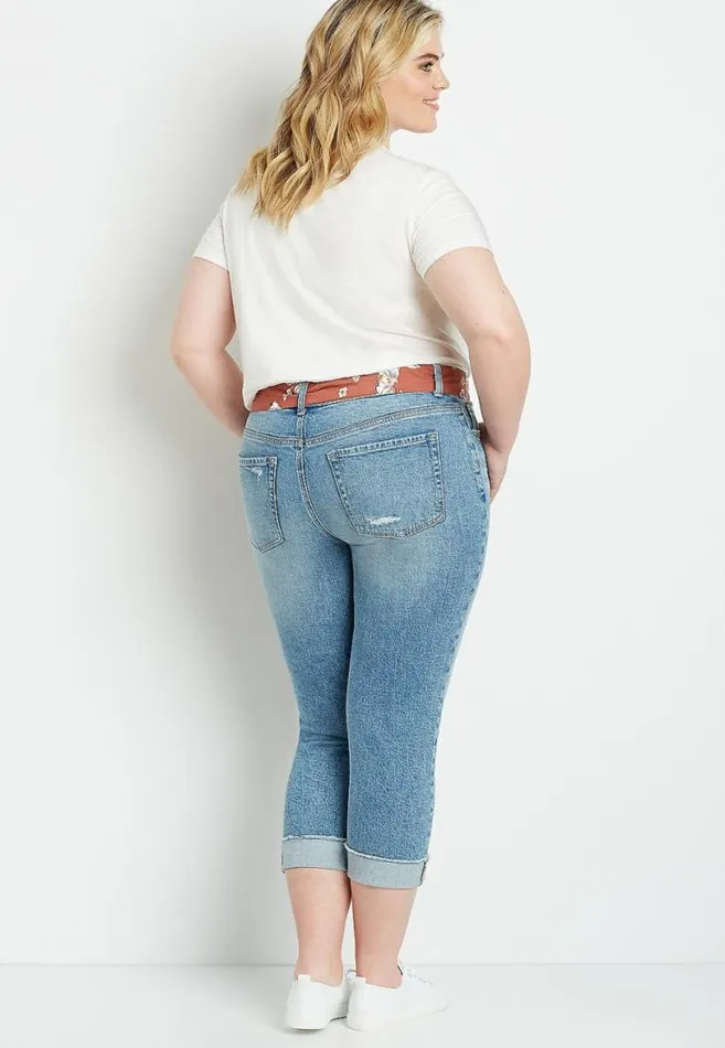 Women Plus Size Vintage Destructed Belted Boyfriend Cropped Jean Maurices Plus Bottoms