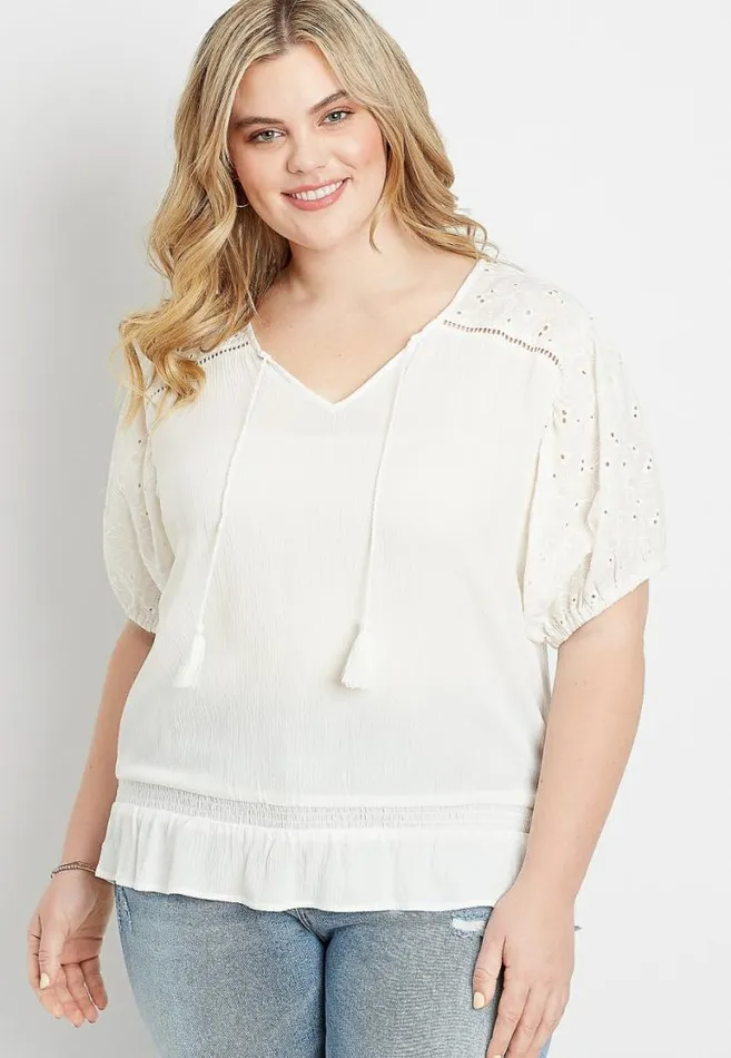 Women Plus Size White Eyelet Lace Puff Sleeve Top Maurices Plus Tops
