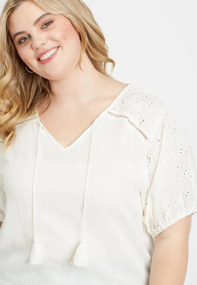 Women Plus Size White Eyelet Lace Puff Sleeve Top Maurices Plus Tops