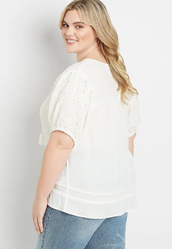 Women Plus Size White Eyelet Lace Puff Sleeve Top Maurices Plus Tops