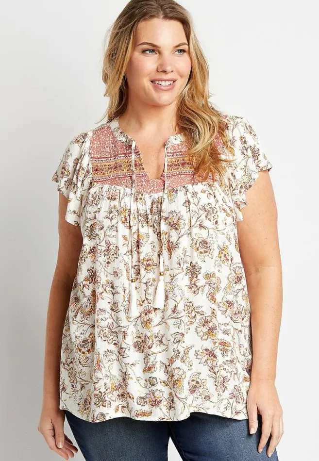 Women Plus Size White Floral Flutter Sleeve Top Maurices Plus Tops
