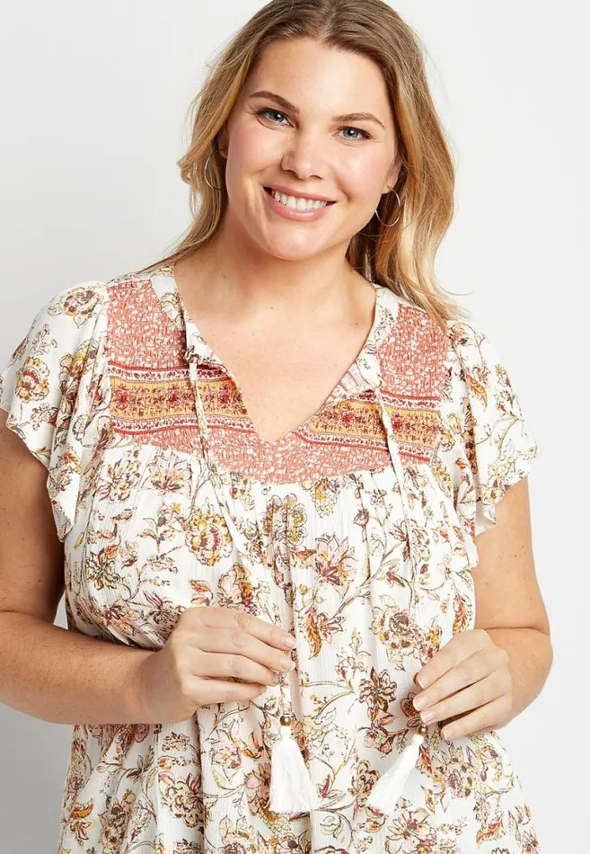 Women Plus Size White Floral Flutter Sleeve Top Maurices Plus Tops