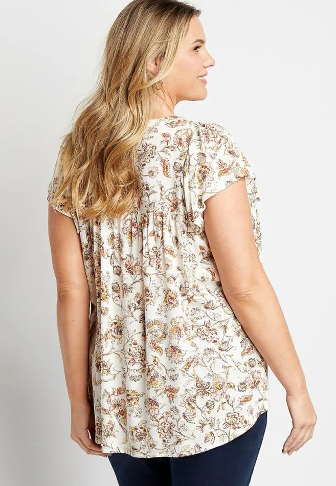 Women Plus Size White Floral Flutter Sleeve Top Maurices Plus Tops