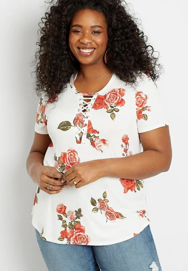 Women Plus Size White Floral Lace Up Retro Tee Maurices Plus Tops