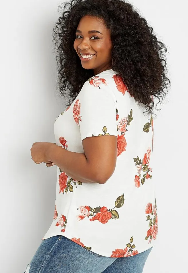 Women Plus Size White Floral Lace Up Retro Tee Maurices Plus Tops