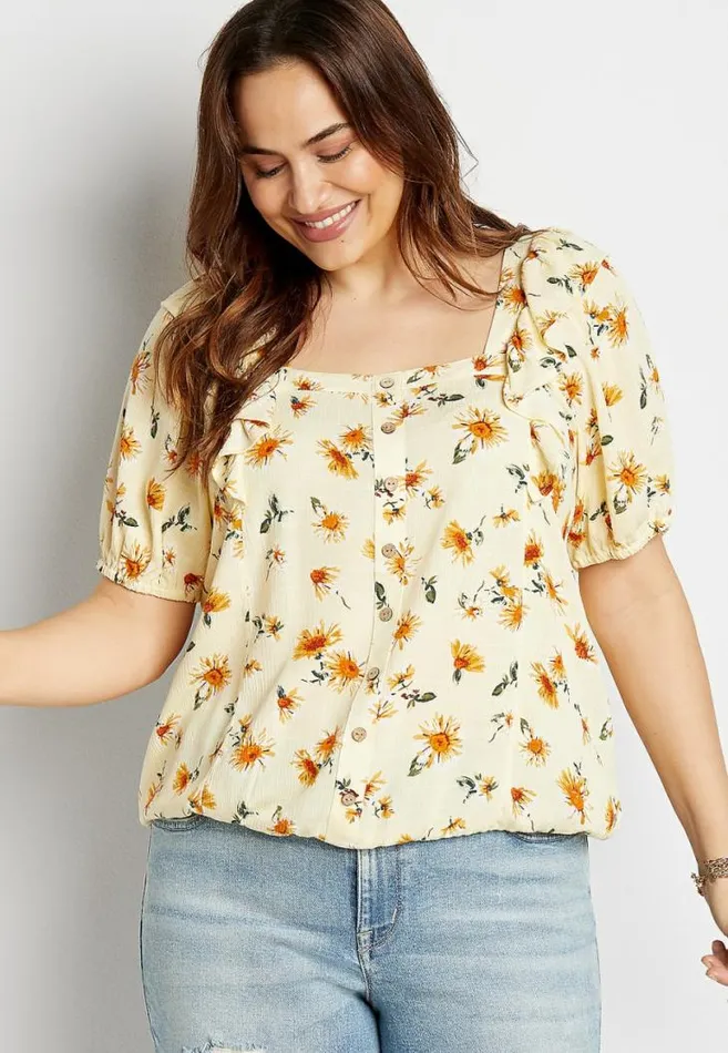 Women Plus Size Yellow Sunflower Button Front Blouse Maurices Plus Tops