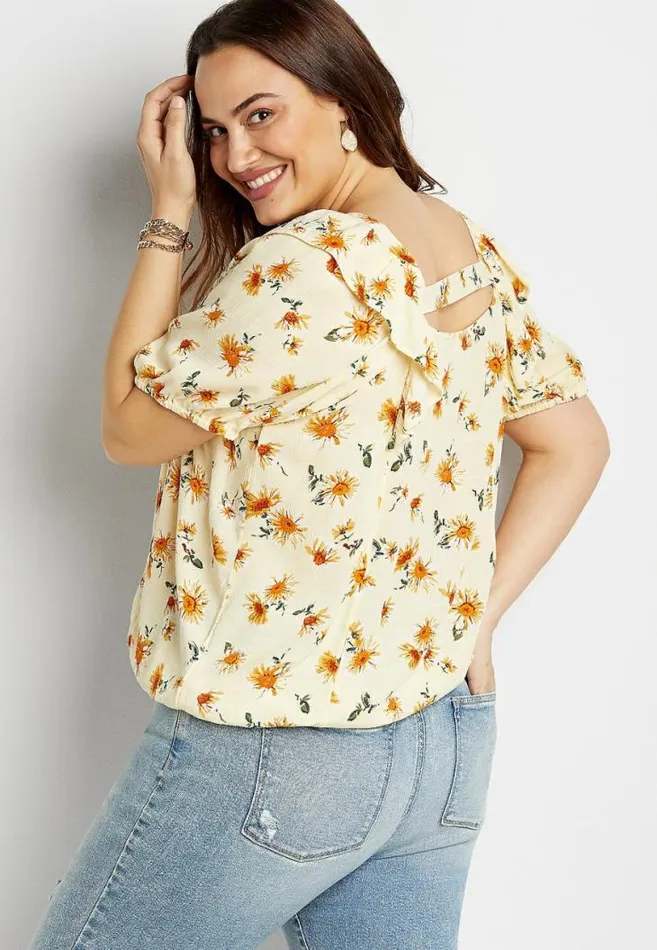 Women Plus Size Yellow Sunflower Button Front Blouse Maurices Plus Tops