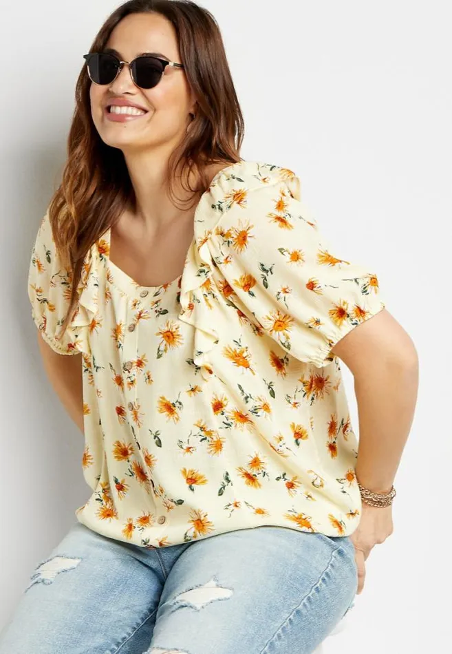 Women Plus Size Yellow Sunflower Button Front Blouse Maurices Plus Tops