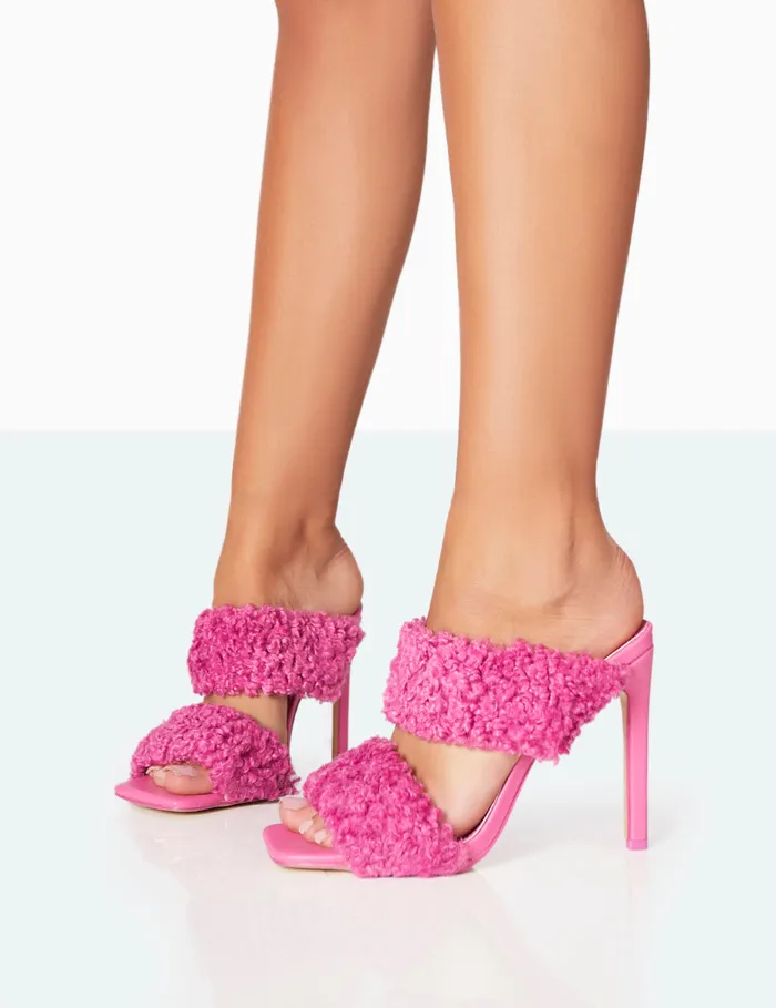 Women Poodle Pink Faux Fur Stiletto Mule Heels Pink Public Desire Heeled Mules