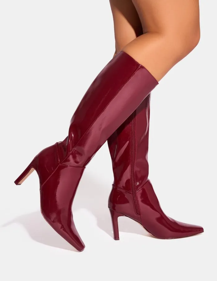 Women Pose Burgundy Patent Zip Knee High Slim Block Heeled Boots Burgundy Public Desire Block Heels