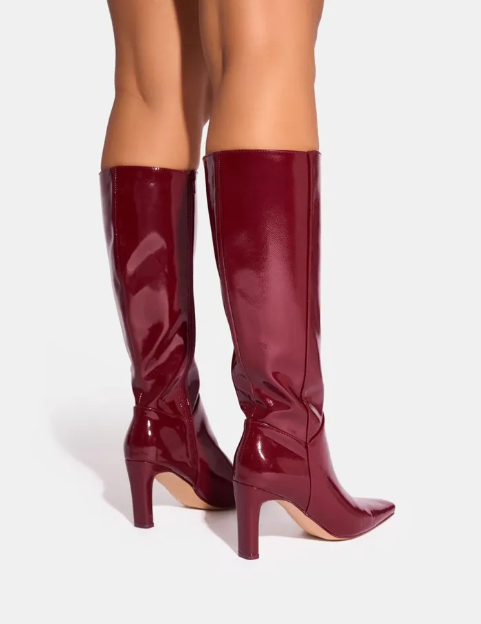 Women Pose Burgundy Patent Zip Knee High Slim Block Heeled Boots Burgundy Public Desire Block Heels