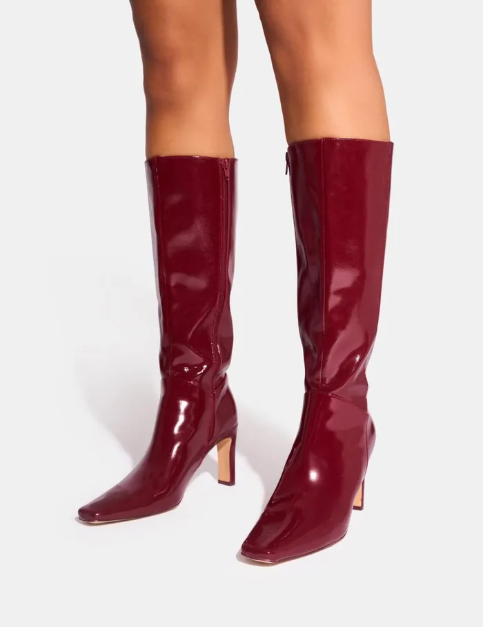 Women Pose Burgundy Patent Zip Knee High Slim Block Heeled Boots Burgundy Public Desire Block Heels