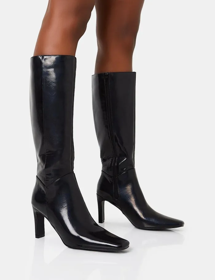 Women Pose Zip Up Knee High Block Heeled Boots Black Public Desire Long Boots