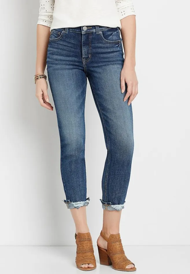 Women Premium High Rise Dark Destructed Hem Slim Straight Leg Jean Maurices Jeans
