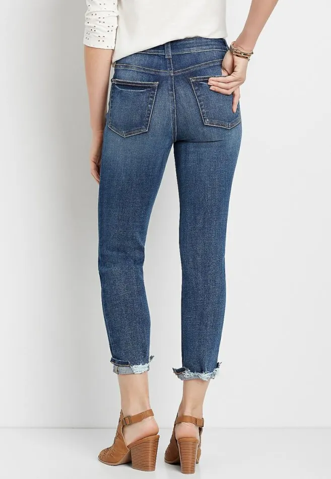 Women Premium High Rise Dark Destructed Hem Slim Straight Leg Jean Maurices Jeans