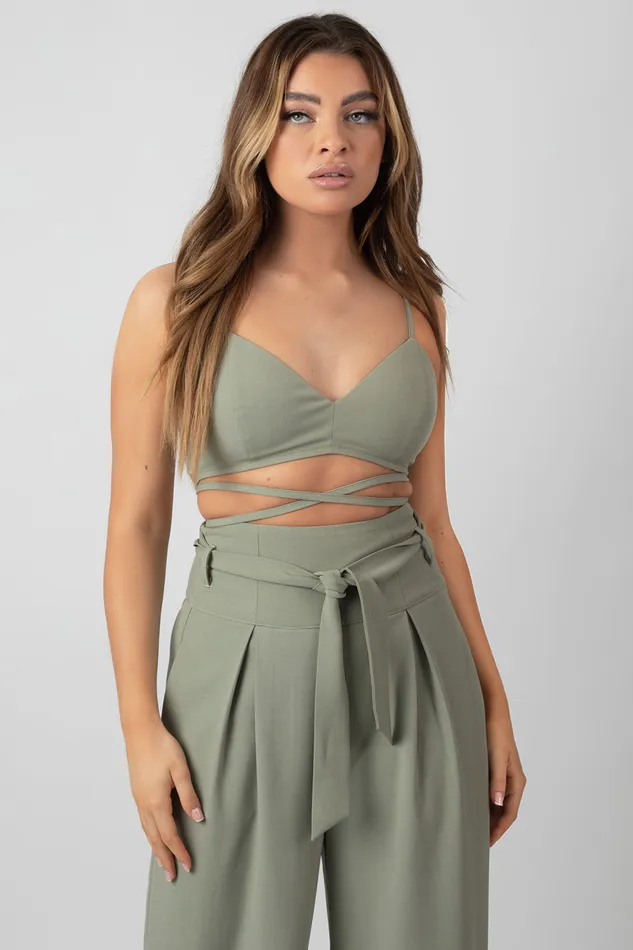 Women Premium Tie Wrap Detail Bralet Sage Kaiia Green Public Desire Tops