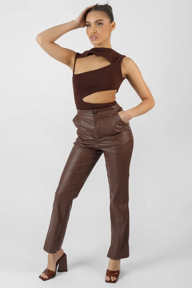 Women Pu Seam Front Split Detail Trousers Chocolate Kaiia Brown Public Desire Trousers