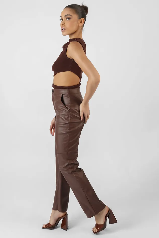 Women Pu Seam Front Split Detail Trousers Chocolate Kaiia Brown Public Desire Trousers