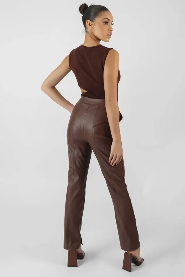 Women Pu Seam Front Split Detail Trousers Chocolate Kaiia Brown Public Desire Trousers